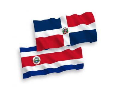 National vector fabric wave flags of Republic of Costa Rica and Dominican Republic isolated on white background. 1 to 2 proportion.