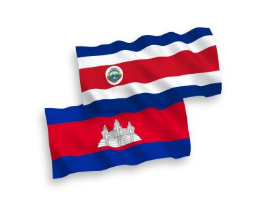 National vector fabric wave flags of Republic of Costa Rica and Kingdom of Cambodia isolated on white background. 1 to 2 proportion.