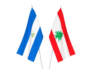 National fabric flags of Lebanon and Nicaragua isolated on white background. 3d rendering illustration.