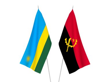 National fabric flags of Angola and Republic of Rwanda isolated on white background. 3d rendering illustration.