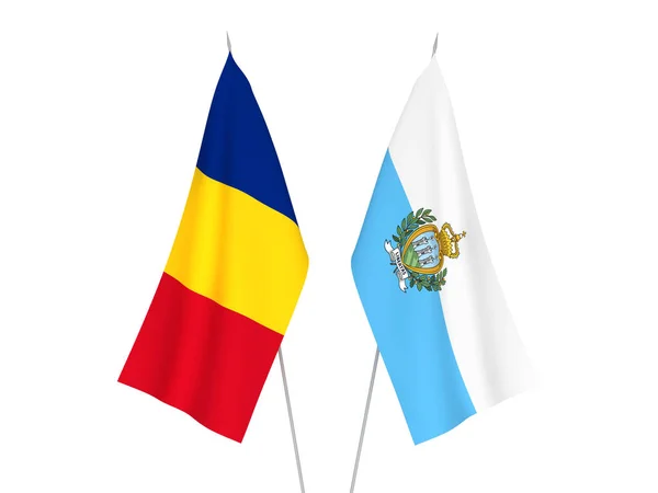 Національні Прапори Тканини Румунії Сан Марино Ізольовані Білому Тлі Візуалізація — стокове фото