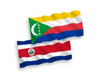 National vector fabric wave flags of Republic of Costa Rica and Union of the Comoros isolated on white background. 1 to 2 proportion.