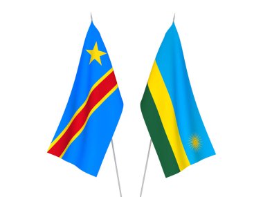 National fabric flags of Democratic Republic of the Congo and Republic of Rwanda isolated on white background. 3d rendering illustration.