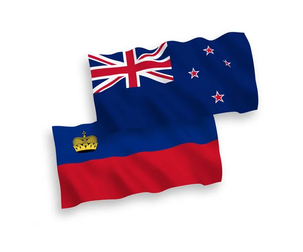 Національні Векторні Хвильові Прапори Ліхтенштейну Нової Зеландії Ізольовані Білому Тлі — стоковий вектор