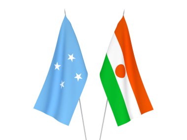 National fabric flags of Republic of the Niger and Federated States of Micronesia isolated on white background. 3d rendering illustration.