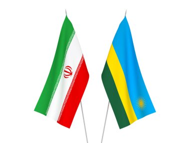 National fabric flags of Iran and Republic of Rwanda isolated on white background. 3d rendering illustration.