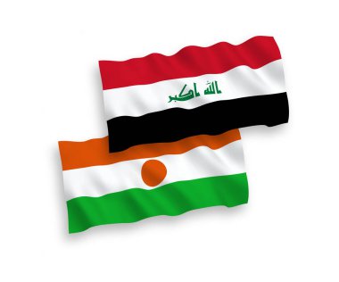 National vector fabric wave flags of Republic of the Niger and Iraq isolated on white background. 1 to 2 proportion.