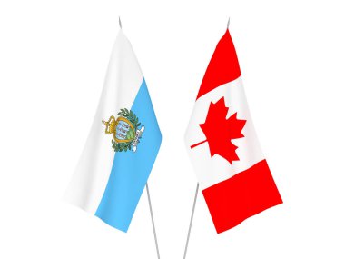 National fabric flags of San Marino and Canada isolated on white background. 3d rendering illustration.