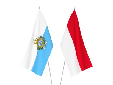 National fabric flags of San Marino and Indonesia isolated on white background. 3d rendering illustration.