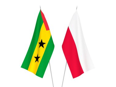 National fabric flags of Saint Thomas and Prince and Poland isolated on white background. 3d rendering illustration.