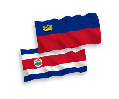 National vector fabric wave flags of Liechtenstein and Republic of Costa Rica isolated on white background. 1 to 2 proportion.