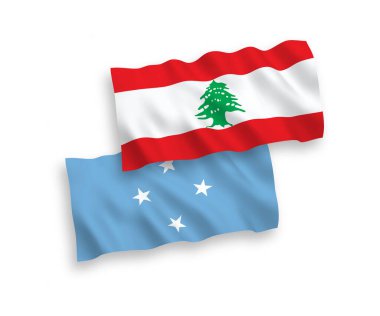 National vector fabric wave flags of Federated States of Micronesia and Lebanon isolated on white background. 1 to 2 proportion.