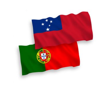 National vector fabric wave flags of Portugal and Independent State of Samoa isolated on white background. 1 to 2 proportion.