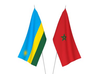 National fabric flags of Morocco and Republic of Rwanda isolated on white background. 3d rendering illustration.