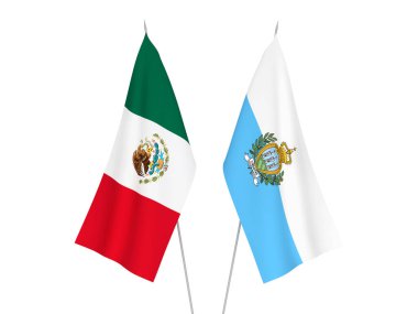 National fabric flags of San Marino and Mexico isolated on white background. 3d rendering illustration.