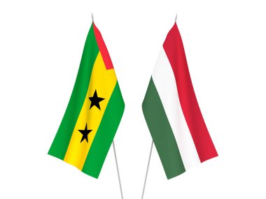 National fabric flags of Saint Thomas and Prince and Hungary isolated on white background. 3d rendering illustration.