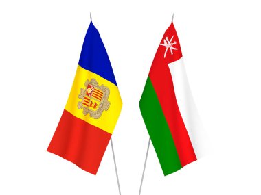 National fabric flags of Andorra and Sultanate of Oman isolated on white background. 3d rendering illustration.