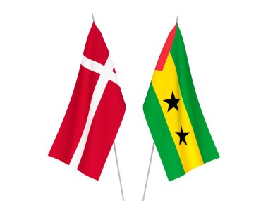 National fabric flags of Saint Thomas and Prince and Denmark isolated on white background. 3d rendering illustration.