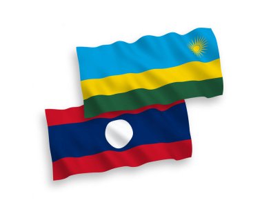 National vector fabric wave flags of Republic of Rwanda and Laos isolated on white background. 1 to 2 proportion.
