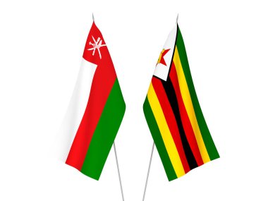 National fabric flags of Zimbabwe and Sultanate of Oman isolated on white background. 3d rendering illustration.