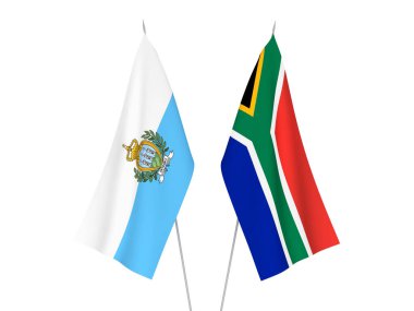 National fabric flags of Republic of South Africa and San Marino isolated on white background. 3d rendering illustration.