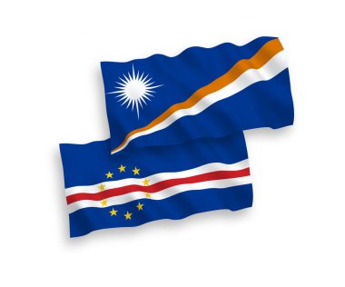National vector fabric wave flags of Republic of the Marshall Islands and Republic of Cabo Verde isolated on white background. 1 to 2 proportion.