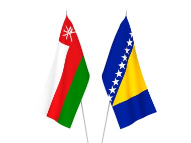 National fabric flags of Bosnia and Herzegovina and Sultanate of Oman isolated on white background. 3d rendering illustration.