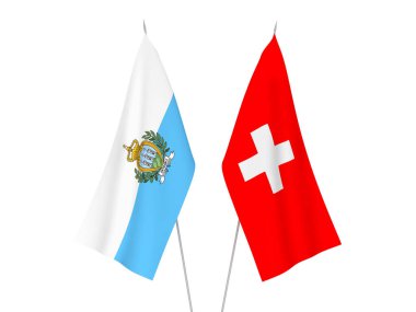 National fabric flags of Switzerland and San Marino isolated on white background. 3d rendering illustration.