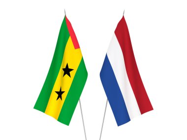 National fabric flags of Netherlands and Saint Thomas and Prince isolated on white background. 3d rendering illustration.