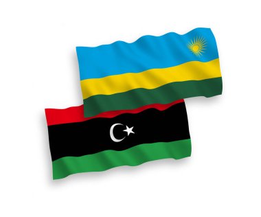 National vector fabric wave flags of Republic of Rwanda and Libya isolated on white background. 1 to 2 proportion.