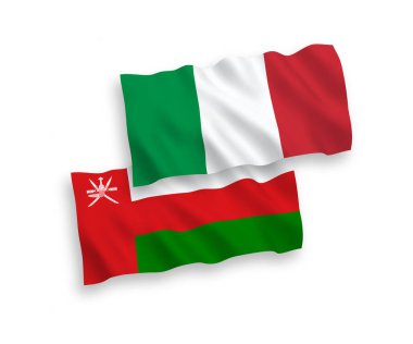 National vector fabric wave flags of Italy and Sultanate of Oman isolated on white background. 1 to 2 proportion.