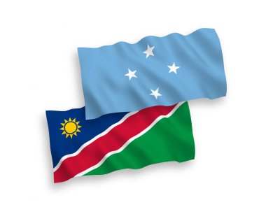 National vector fabric wave flags of Federated States of Micronesia and Republic of Namibia isolated on white background. 1 to 2 proportion.