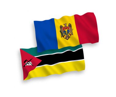 National vector fabric wave flags of Republic of Mozambique and Moldova isolated on white background. 1 to 2 proportion.