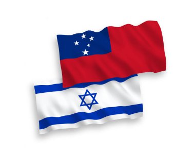 National vector fabric wave flags of Independent State of Samoa and Israel isolated on white background. 1 to 2 proportion.