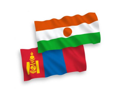 National vector fabric wave flags of Republic of the Niger and Mongolia isolated on white background. 1 to 2 proportion.