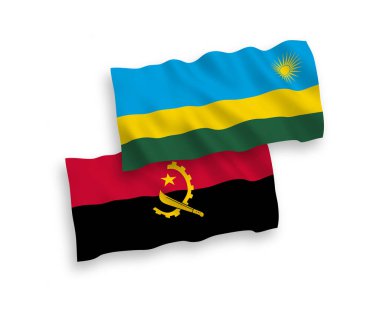 National vector fabric wave flags of Republic of Rwanda and Angola isolated on white background. 1 to 2 proportion.