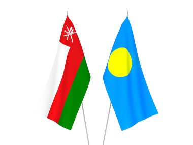National fabric flags of Palau and Sultanate of Oman isolated on white background. 3d rendering illustration.