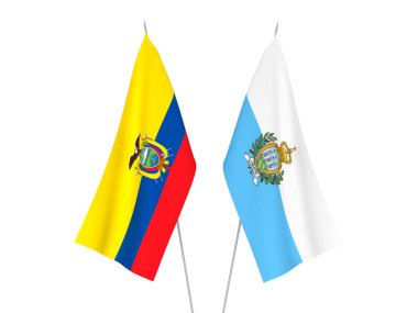 National fabric flags of Ecuador and San Marino isolated on white background. 3d rendering illustration.