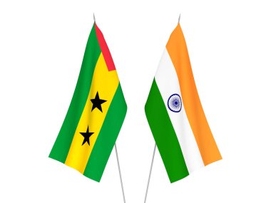 National fabric flags of India and Saint Thomas and Prince isolated on white background. 3d rendering illustration.