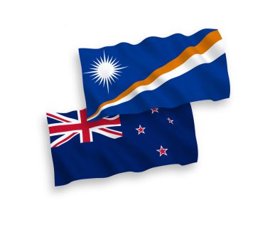 National vector fabric wave flags of Republic of the Marshall Islands and New Zealand isolated on white background. 1 to 2 proportion.
