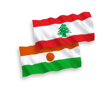 National vector fabric wave flags of Republic of the Niger and Lebanon isolated on white background. 1 to 2 proportion.
