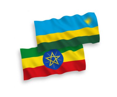 National vector fabric wave flags of Republic of Rwanda and Ethiopia isolated on white background. 1 to 2 proportion.