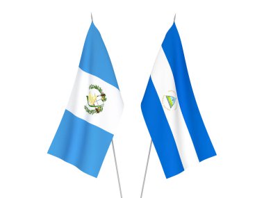 National fabric flags of Nicaragua and Republic of Guatemala isolated on white background. 3d rendering illustration.