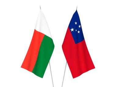 National fabric flags of Madagascar and Independent State of Samoa isolated on white background. 3d rendering illustration.