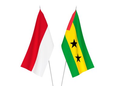 National fabric flags of Saint Thomas and Prince and Indonesia isolated on white background. 3d rendering illustration.