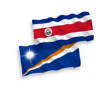 National vector fabric wave flags of Republic of the Marshall Islands and Republic of Costa Rica isolated on white background. 1 to 2 proportion.