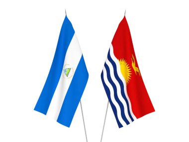 National fabric flags of Nicaragua and Republic of Kiribati isolated on white background. 3d rendering illustration.