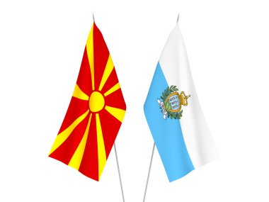 National fabric flags of North Macedonia and San Marino isolated on white background. 3d rendering illustration.