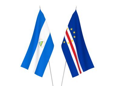 National fabric flags of Nicaragua and Republic of Cabo Verde isolated on white background. 3d rendering illustration.