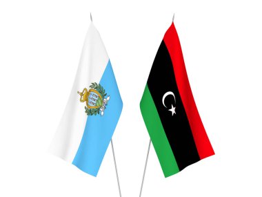 National fabric flags of Libya and San Marino isolated on white background. 3d rendering illustration.